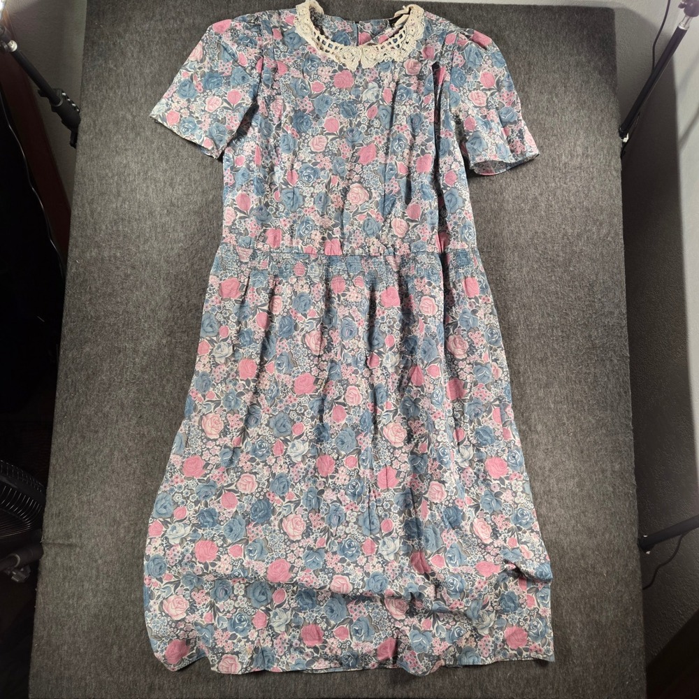 Vintage Floral Prairie Dress Womens 14 Pink Blue Lace Collar‎ Smocked Waist Midi